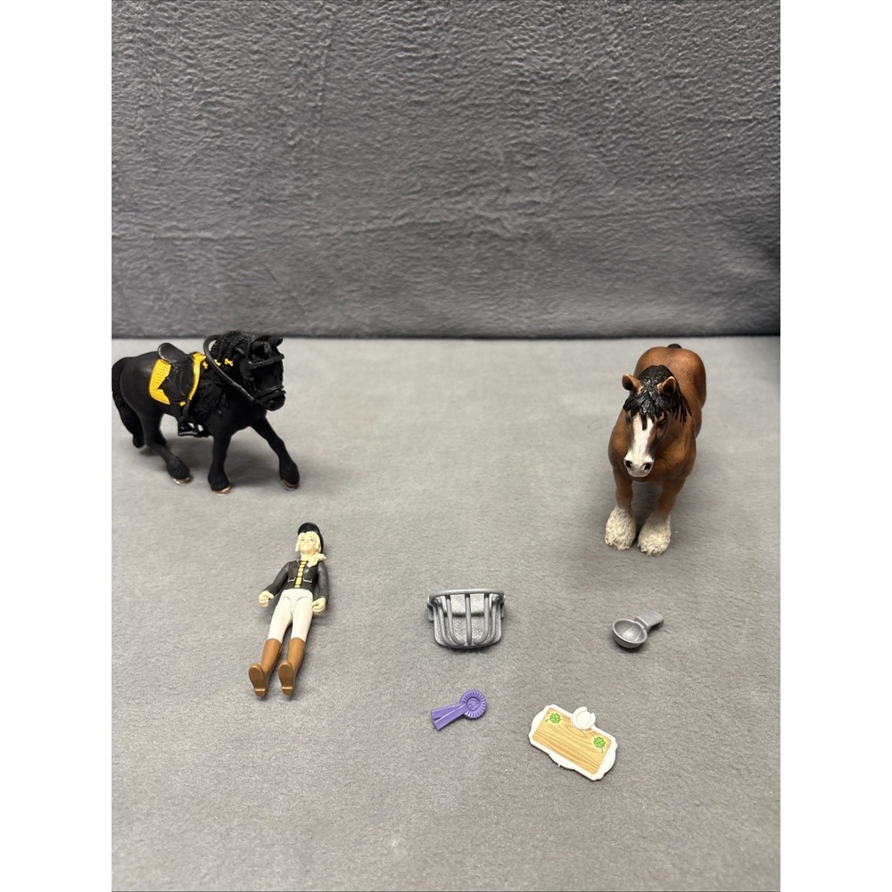 2 SCHLEICH Horses 1 Rider With Accessories Clydesdale Gelding Friesian Mare